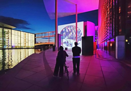 Open-air cinema on German history at Marie-Elisabeth-Lüders-Haus with the river Spree in the