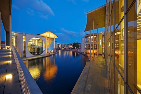 Marie-Elisabeth-Lüders-Haus and Paul-Löbe-Haus with the river Spree in the evening, government