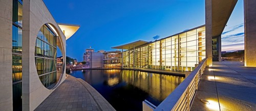 Marie-Elisabeth-Lüders-Haus and Paul-Löbe-Haus with the river Spree in the evening, government