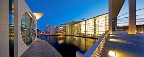 Marie-Elisabeth-Lüders-Haus and Paul-Löbe-Haus with the river Spree in the evening, government