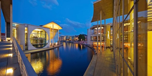 Marie-Elisabeth-Lüders-Haus and Paul-Löbe-Haus with the river Spree in the evening, government