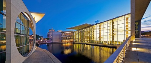 Marie-Elisabeth-Lüders-Haus and Paul-Löbe-Haus with the river Spree in the evening, government
