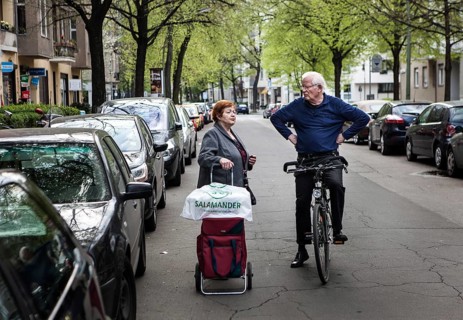 DEU Germany Germany Berlin Neighborhood conversation between an elderly woman with shopping cart
