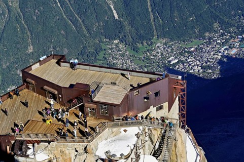 Aiguille du Midi mountain station viewing platform, with view of Chamonix-Mont-Blanc, Haute-Savoie,
