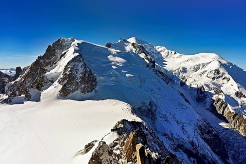 Mont Blanc du Tacul covered with snow from the left, Mont Maudit, Mont-Blanc, Dôme du Goûter,