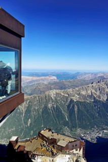 Aiguille du Midi mountain station viewing platform, with view of Chamonix-Mont-Blanc, Haute-Savoie,