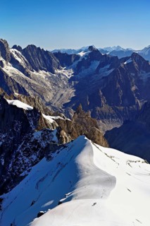 View from the Aiguille du Midi mountain station observation deck of the mountains Les Droites, Les