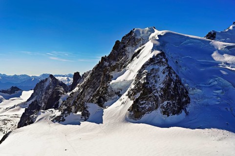 Snow-capped Mont Blanc du Tacul, Aiguille du Midi mountain station viewing platform,
