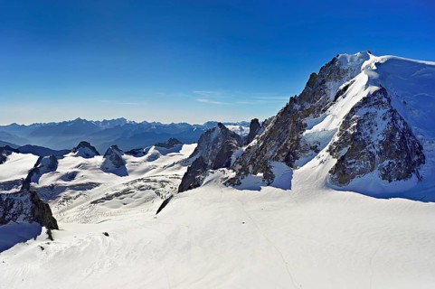 Snow-capped Mont Blanc du Tacul, Aiguille du Midi mountain station viewing platform,