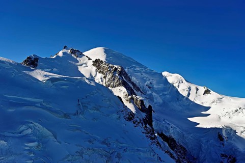 Snowy from left, Mont Maudit, Mont-Blanc, Aiguille du Midi mountain station viewing platform,