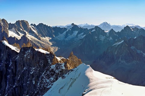 View from the Aiguille du Midi mountain station observation deck of the mountains Les Droites, Les
