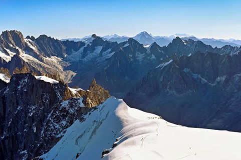 View from the Aiguille du Midi mountain station observation deck of the mountains Les Droites, Les