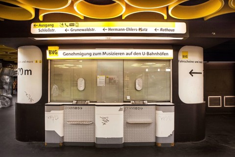 DEU Germany Germany Berlin Closed BVG sales counters at Rathaus Steglitz station, where musicians