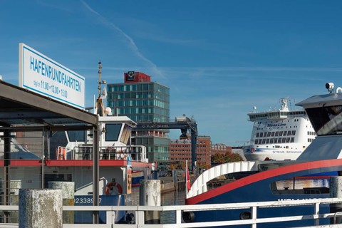 Port, Baltic Sea, Kiel Fjord, shipping traffic, Stena Scandinavica ferry on the pier, harbor tour,