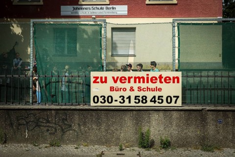 DEU Germany Germany Berlin A rental sign in front of a Waldorf school in Berlin-Wilmersdorf