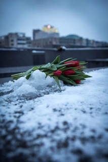 DEU Germany Germany Berlin Messages immortalized in snow from visitors to the Holocaust Memorial in