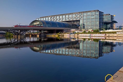 Berlin Central Station seen from Alexanderufer at Humboldthafen, Germany