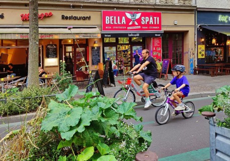 Shops with Fahrradstraße, Bergmannstraße in Kreuzberg, Berlin, Germany