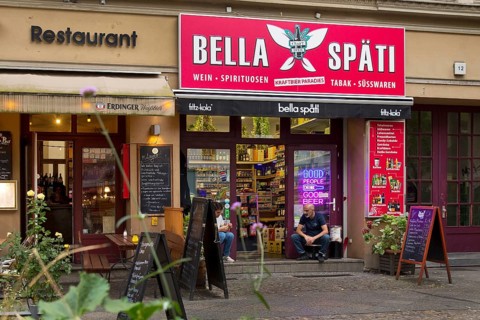 Shops with Fahrradstraße, Bergmannstraße in Kreuzberg, Berlin, Germany