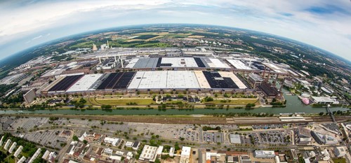 Volkswagen plant Wolfsburg with Autostadt and The Ritz Carlton Hotel, fish-eye-lens, Lower Saxony,