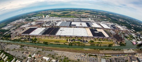 Volkswagen plant Wolfsburg with Autostadt and The Ritz Carlton Hotel, fish-eye-lens, Lower Saxony,