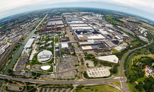 Volkswagen plant Wolfsburg with Autostadt and The Ritz Carlton Hotel, fish-eye-lens, Lower Saxony,