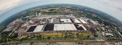 Volkswagen plant Wolfsburg with Autostadt and The Ritz Carlton Hotel, fish-eye-lens, Lower Saxony,