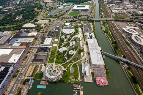 Volkswagen plant Wolfsburg with Autostadt and The Ritz Carlton Hotel, Lower Saxony, Germany,