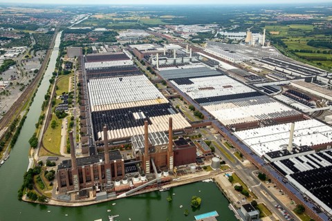 Volkswagen plant Wolfsburg with cogeneration plant VW Südstraße, Lower Saxony, Germany, Europe,