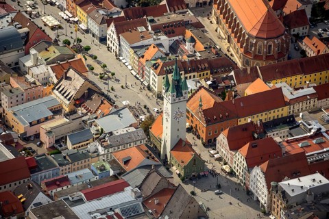 City tower at Theresienplatz, Straubing, East Bavaria, Bavaria, Germany, Europe, aerial view,