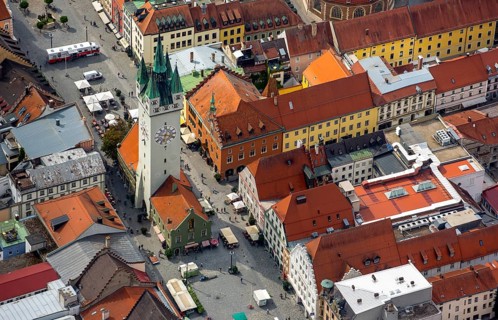 City tower at Theresienplatz, Straubing, East Bavaria, Bavaria, Germany, Europe, aerial view,