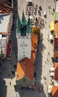 City tower at Theresienplatz, Straubing, East Bavaria, Bavaria, Germany, Europe, aerial view,