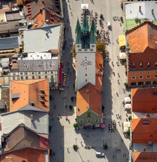 City tower at Theresienplatz, Straubing, East Bavaria, Bavaria, Germany, Europe, aerial view,