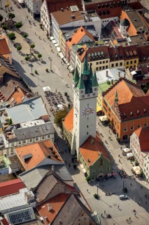 City tower at Theresienplatz, Straubing, East Bavaria, Bavaria, Germany, Europe, aerial view,