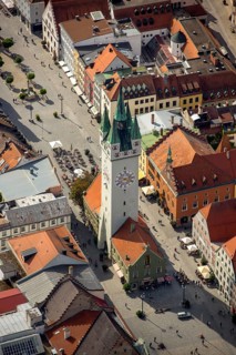 City tower at Theresienplatz, Straubing, East Bavaria, Bavaria, Germany, Europe, aerial view,