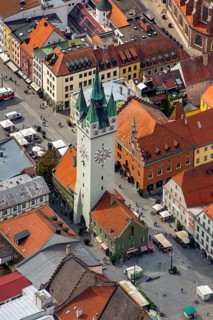 City tower at Theresienplatz, Straubing, East Bavaria, Bavaria, Germany, Europe, aerial view,