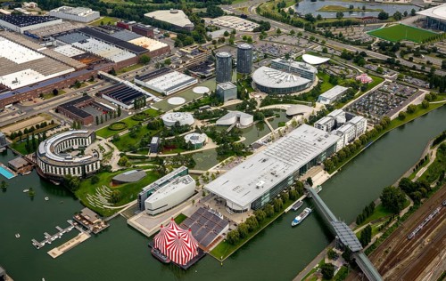 Volkswagen plant Wolfsburg with Autostadt and The Ritz Carlton Hotel, Lower Saxony, Germany,