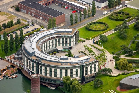 Volkswagen plant Wolfsburg with Autostadt and The Ritz Carlton Hotel, Lower Saxony, Germany,