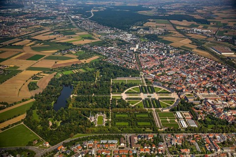 Schwetzingen Castle with castle garden, Schwetzingen, Baden-Württemberg, Germany, Europe, aerial