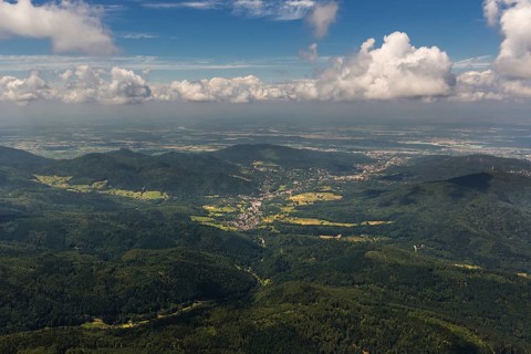 Black Forest valleys with clouds, Weisenbach, Baden-Württemberg, Germany, Europe, aerial view,