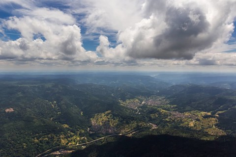 Black Forest valleys with clouds, Weisenbach, Baden-Württemberg, Germany, Europe, aerial view,