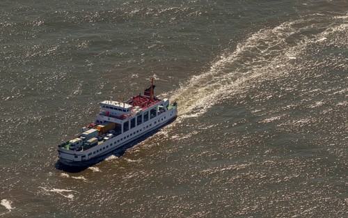 Ferry Frisia V between Harlingersiel and Norderney, Wadden Sea, aerial view, Norderney, North Sea,