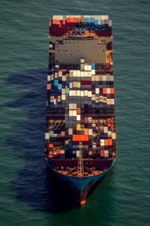 Container ship Maersk Lavras at anchor, aerial view, cargo ships at anchor off Spiekeroog, shipping