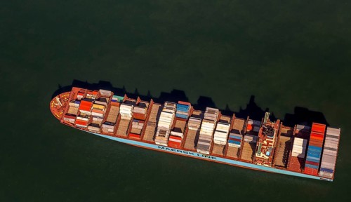 Container ship Maersk Lavras at anchor, aerial view, cargo ships at anchor off Spiekeroog, shipping