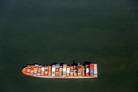 Container ship Maersk Lavras at anchor, aerial view, cargo ships at anchor off Spiekeroog, shipping