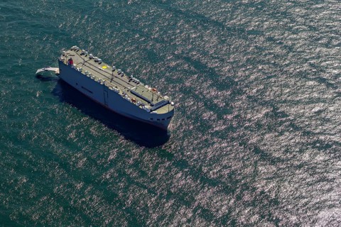 Cargo ship, anchoring car transporter Ocean Highway Panama, aerial view, cargo ships anchored off