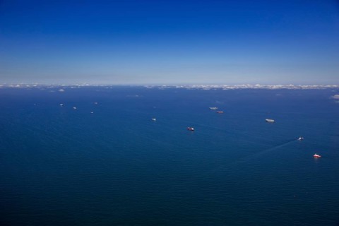 Aerial view, cargo ships at anchor off Spiekeroog, shipping lane, shipping route, at sea, coastal