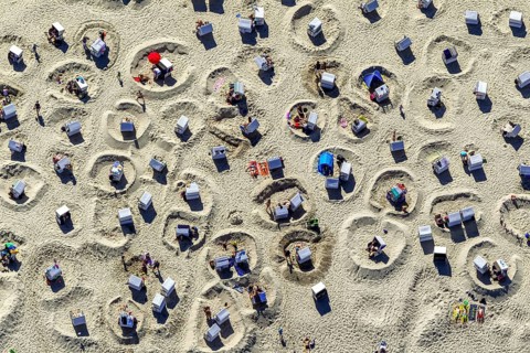 Sandy beach beach with beach chairs and sand walls, sand castles, aerial view, Wangerooge, North