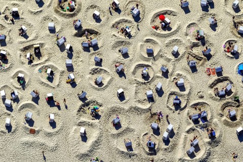 Sandy beach beach with beach chairs and sand walls, sand castles, aerial view, Wangerooge, North