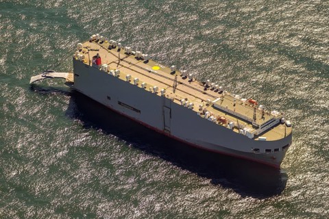 Cargo ship, anchoring car transporter Ocean Highway Panama, aerial view, cargo ships anchored off